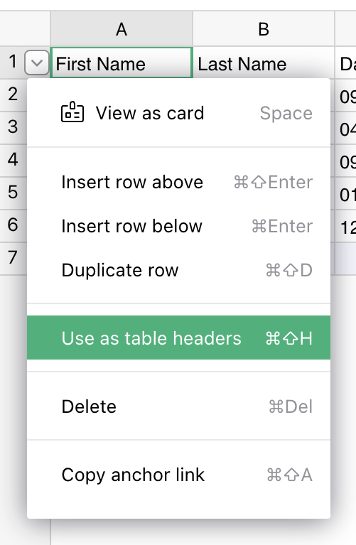 Table headers shortcut